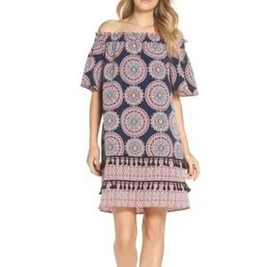 NWT Maggy London Petite Medallion Print Tassel Off The Shoulder Shift Dress